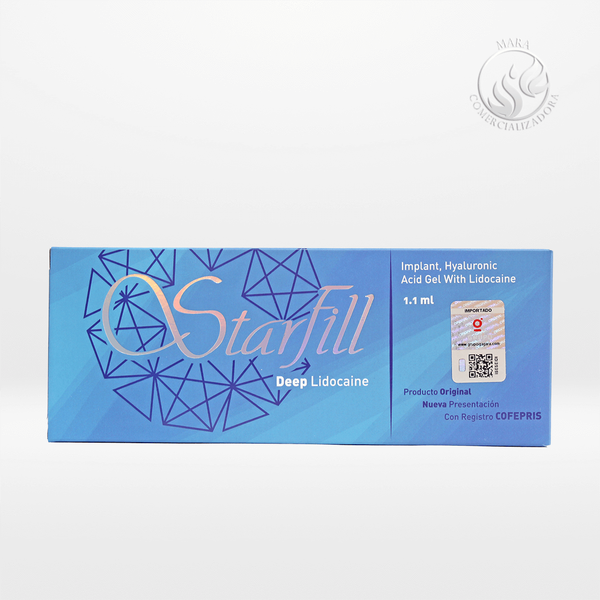 Caja de Starfill Deep Lidocaine de 1.1 ml, gel de ácido hialurónico con lidocaína para relleno dérmico.