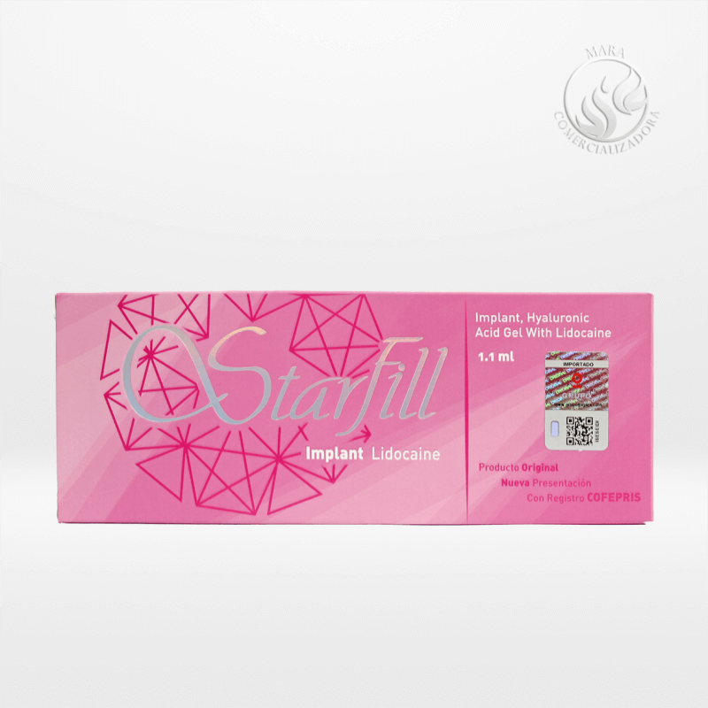Caja de Starfill Implant Lidocaine de 1.1 ml, gel de ácido hialurónico con lidocaína para relleno facial.