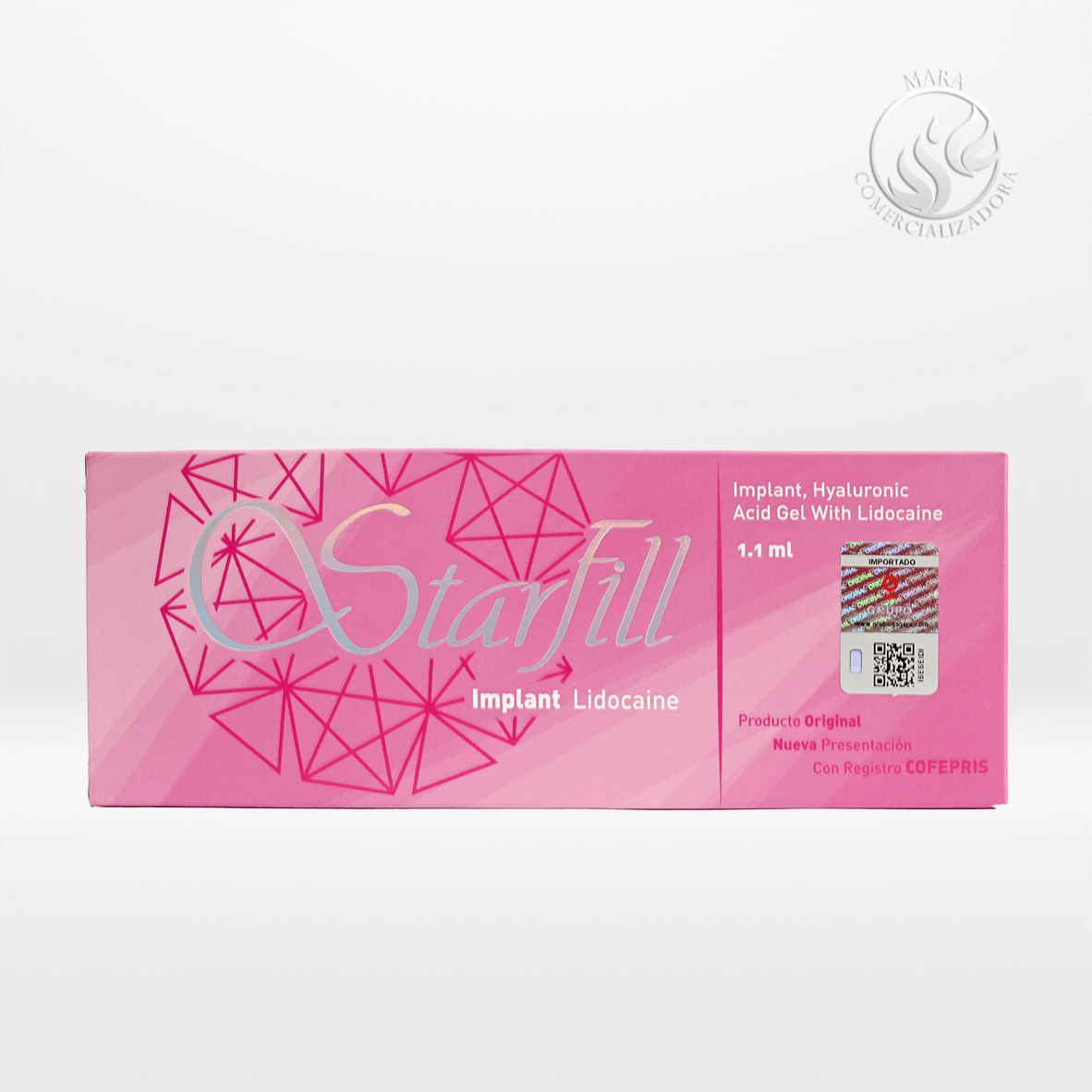 Caja de Starfill Implant Lidocaine de 1.1 ml, gel de ácido hialurónico con lidocaína para relleno facial.