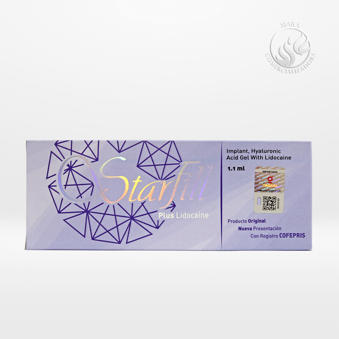 Caja de Starfill Plus Lidocaine de 1.1 ml, gel de ácido hialurónico con lidocaína para relleno dérmico multifuncional.