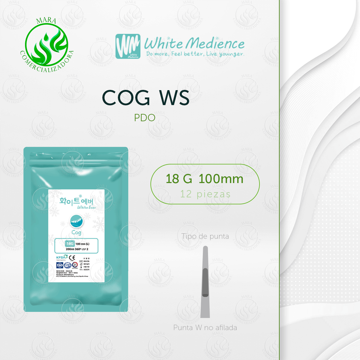 Hilos Tensores COG WS PDO 18G x 100mm con punta W no afilada – White Medience