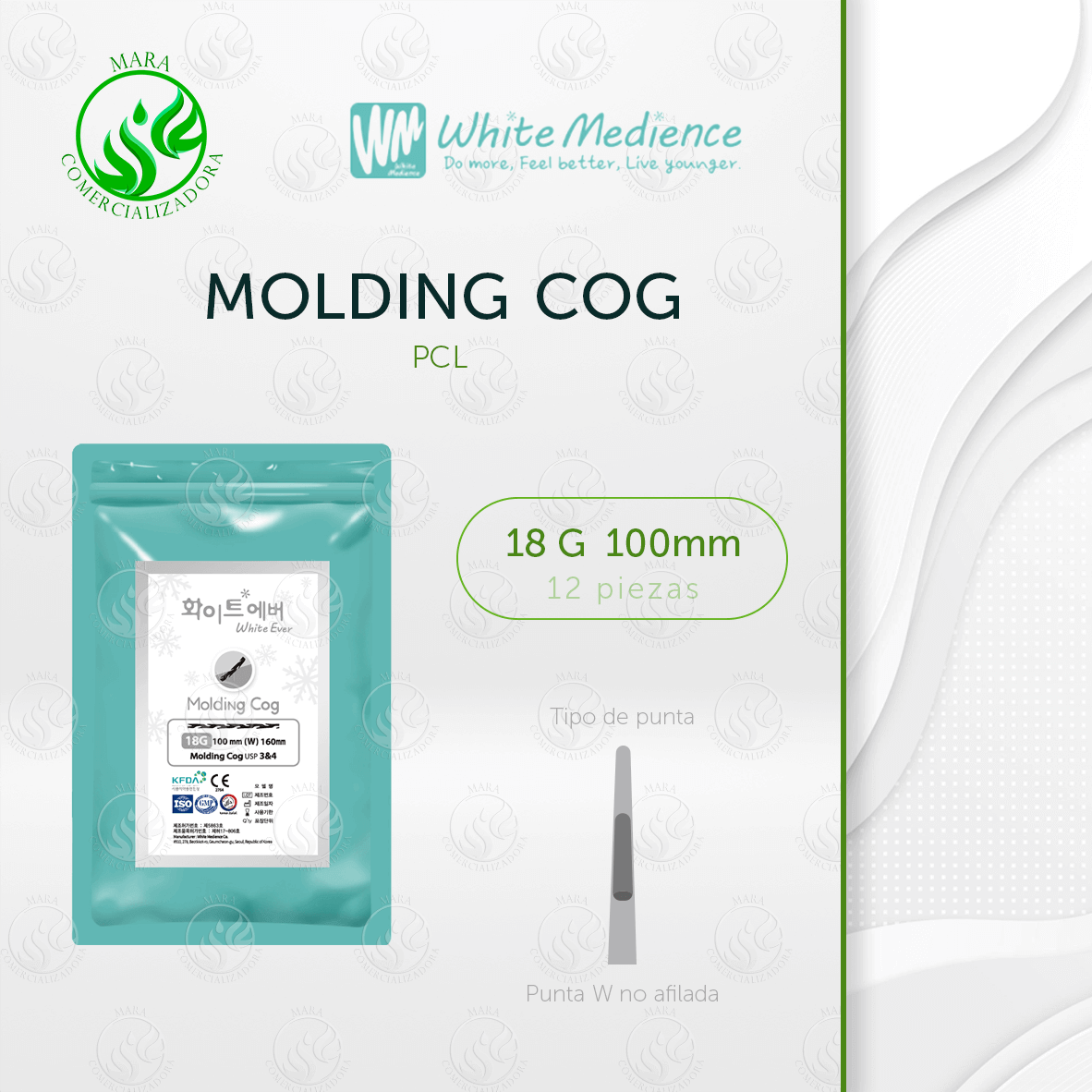 Hilos Molding COG PCL 18G x 100mm - White Medience, 12 piezas con punta W no afilada, ideales para lifting facial profundo y duradero. Distribuidos por MARA Comercializadora.